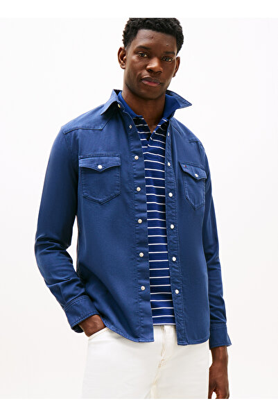 Tommy Hilfiger Normal Gömlek Yaka Mavi Erkek Gömlek MW0MW40684DAH_DENIM SHIRT GMD