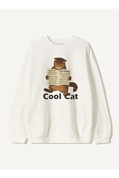 Disante Hanorac unisex oversize cu imprimeu Cool Cat – Gât cu gât rotund, fleece cu 3 fire