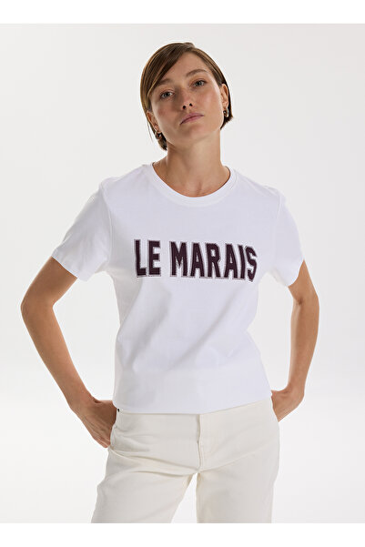 Fabrika Bisiklet Yaka Baskılı Beyaz Kadın T-Shirt F5WL-TST0244