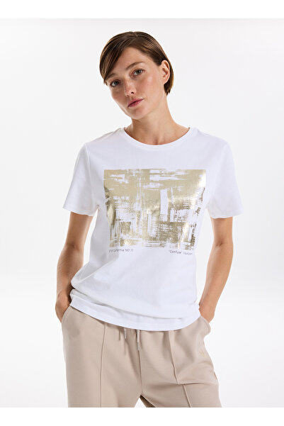 Fabrika Bisiklet Yaka Varaklı Beyaz Kadın T-Shirt F5WL-TST0238