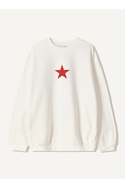 Disante سويت شيرت للجنسين بمقاس كبير مطبوع عليه نجمة حمراء - ياقة دائرية، صوف...
