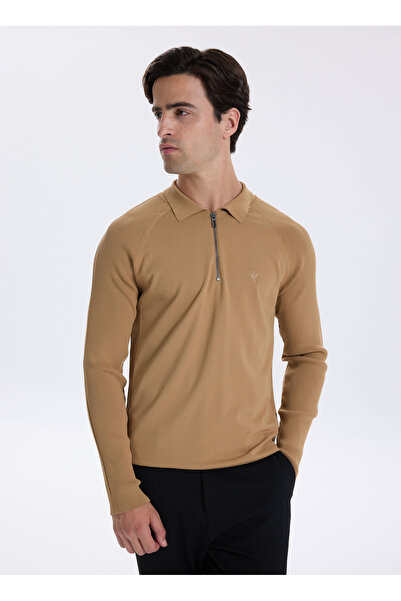 Fabrika Polo Yaka Slim Fit Düz Camel Erkek Kazak F5WM-KZK 2323