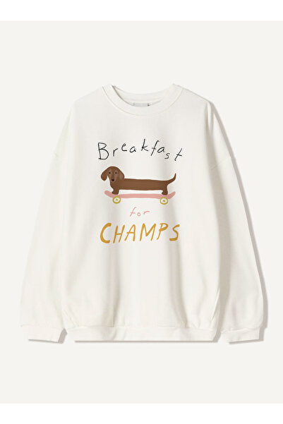 Disante سويت شيرت نسائي كبير الحجم مطبوع عليه Breakfast Champs – ياقة دائرية،...
