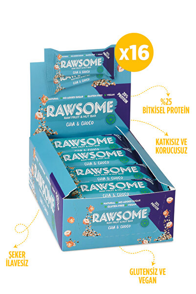 Rawsome Chia Ve Kakao Çekirdekli Glutensiz Ve Vegan Protein Bar 40g X 16 Adet