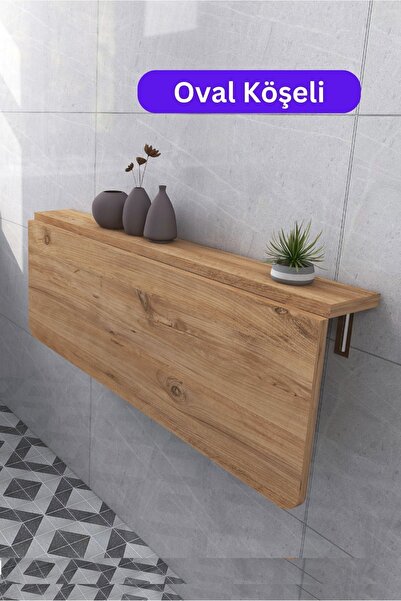 Kydonia Home 110x60 cm Oval Köşeli Çam Ahşap DesenliSabit Raflı Duvara Monte Kırma Katlanır Yemek Masası