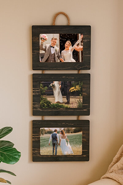 Home Ahsap 3'lü 10x15 Cm İpli Fotograf çerçevesi yatay Rebab Renk