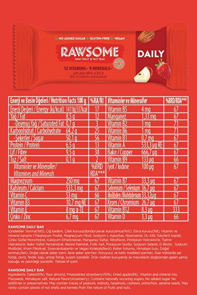 Rawsome Daily Bar Vitamin Ve Mineral Deposu 30g X 20 Adet