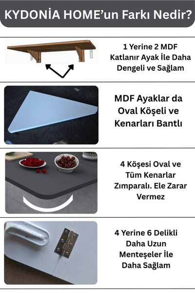 Kydonia Home 60x110 cm Oval Köşeli Parlak Beyaz Sabit Raflı Duvara Monte Kırma Katlanır Masa