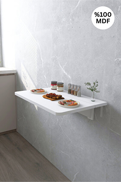 Kydonia Home 45x72 Cm Oval Köşeli Mat Beyaz Sabit Raflı Duvara Monte Kırma Katlanır Masa