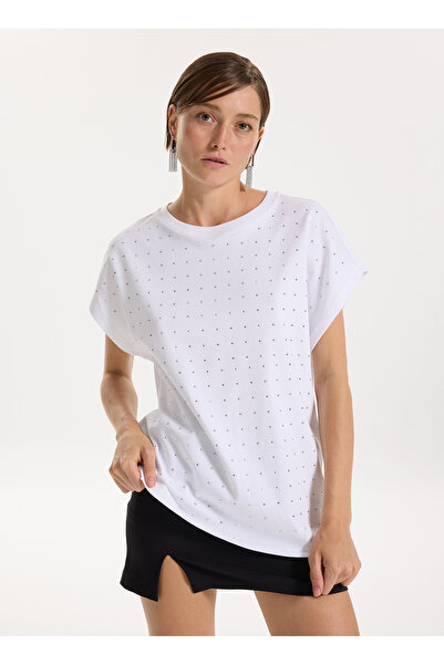 Fabrika Bisiklet Yaka Taşlı Beyaz Kadın T-Shirt F5WL-TST0247