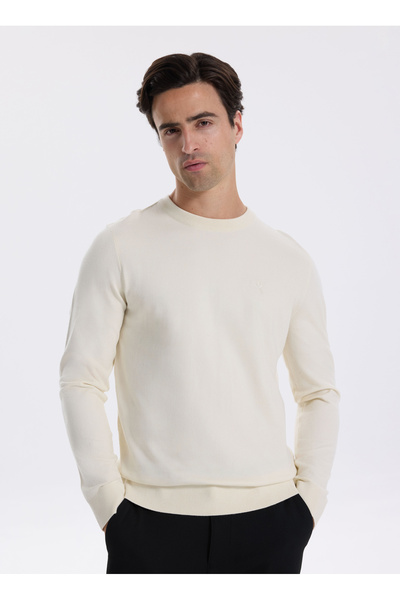 Fabrika Bisiklet Yaka Slim Fit Düz Ekru Erkek Kazak F5WM-KZK 2883