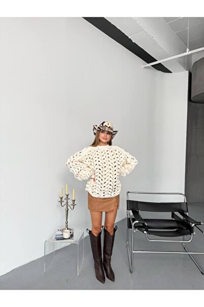 İLKCET MODA Openwork Ecru Knitwear Oversize Women's Sweater