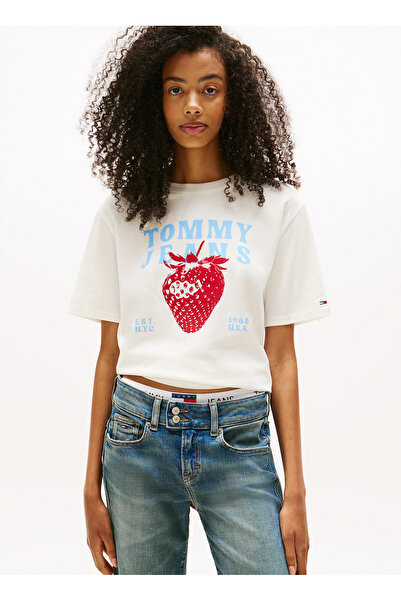 Tommy Jeans Yuvarlak Yaka Baskılı Ekru Kadın T-Shirt DW0DW20894YBL