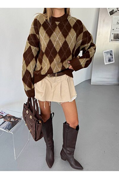 İLKCET MODA Oversize dámský svetr se vzorem Baklava