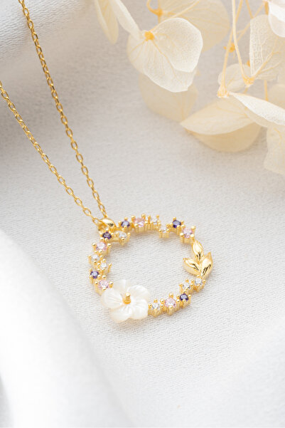 Silvano Jewelry 925 Ayar Gümüş Gold Sedefli Çiçek Kolye