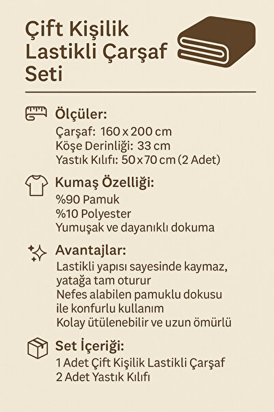 Madame Home 160*200 Double Size Fitted Sheet Set Pillowcase 50*70 Corner Depth 33cm 90% Cotton