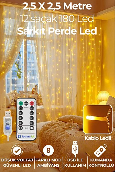 Technojet 2,5 X 2,5 M Kumandalı Perde Led USB girişli 8 Modlu Kalın Kablolu 12 Saçak 180 Led