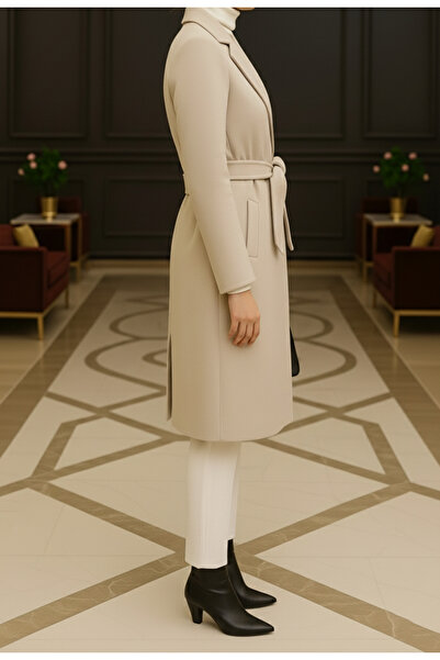 CurcunaShop Beżowy płaszcz kaszmirowy z paskiem