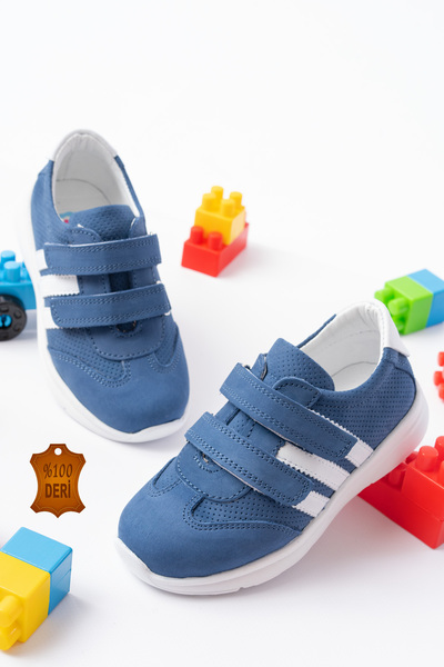 lina step Kot Mavi Hakiki Deri Ortopedik Cırtlı Unisex Çocuk Spor Ayakkabı