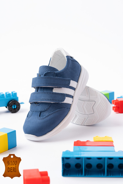 lina step Kot Mavi Hakiki Deri Ortopedik Cırtlı Unisex Çocuk Spor Ayakkabı