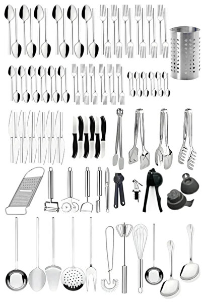 Homerest 104 Parça Çatal Kaşık Bıçak Takımı, 12 Kişilik Sade Model Yemek Takımı, Kepçe Spatula Kevgir Tava