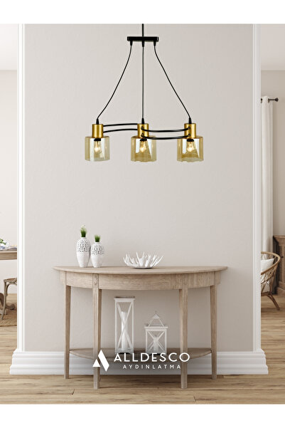 Alldesco Verona 3’lü Cam Avize – Dekoratif Bal Rengi Silindir Cam, Gold Detaylı, CE Belgeli