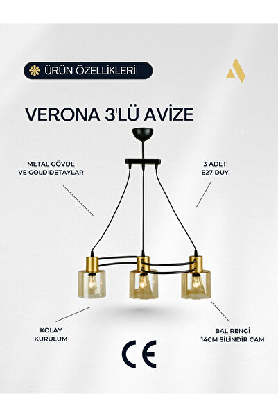 Alldesco Verona 3’lü Cam Avize – Dekoratif Bal Rengi Silindir Cam, Gold Detaylı, CE Belgeli