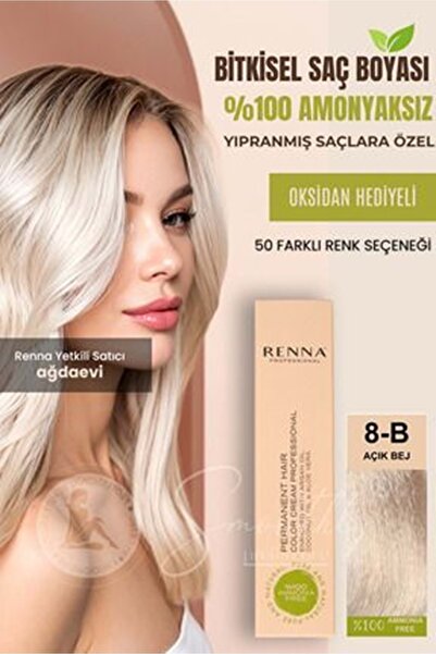 Renna AMONYAKSIZ Bitkisel Yıpranmış Saçlar İçin Saç Boyası 8-B AÇIK BEJ 60ml