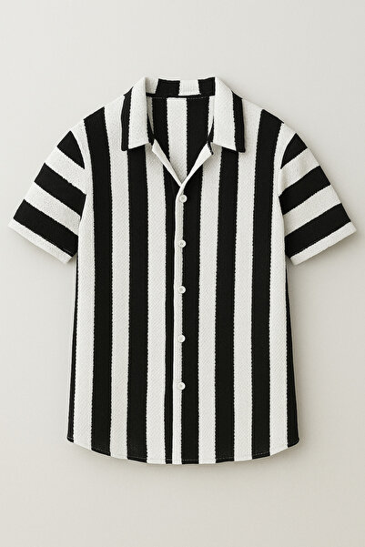 CLIPMAN Мъжка прилепнала памучна риза на райе - Apache яка, къс ръкав, черно и бяло