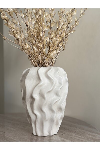 SANATHOMEE Dalga Dokulu El Yapımı Seramik Bej Dekoratif Vazo