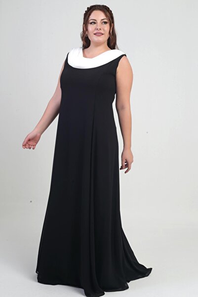 By Saygı Women's Degaje Collar Back Stone Detail Flounced Lined Plus Size Long Chiffon Dress
