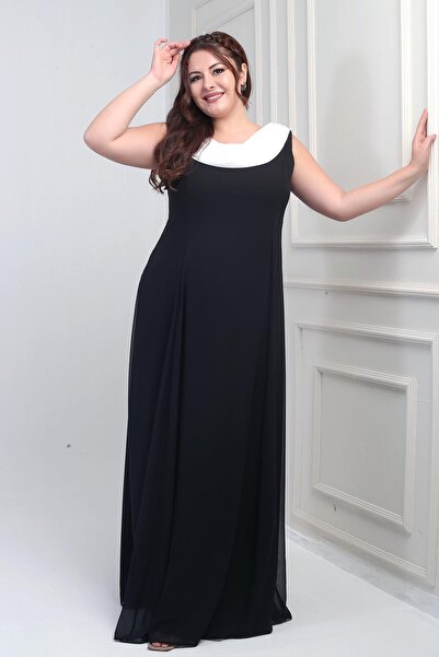 By Saygı Women's Degaje Collar Back Stone Detail Flounced Lined Plus Size Long Chiffon Dress