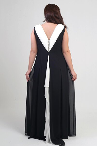 By Saygı Women's Degaje Collar Back Stone Detail Flounced Lined Plus Size Long Chiffon Dress