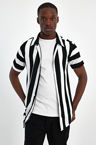 CLIPMAN Мъжка прилепнала памучна риза на райе - Apache яка, къс ръкав, черно и бяло