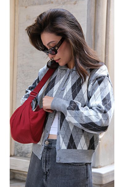 Butik Una Fiaba -Gri Women's Polo Neck Diamond Pattern Buttoned Knit Cardigan