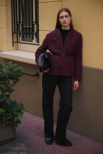 Hooopstore Andera Leather Belt Detailed Claret Red Jacket