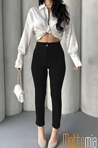 mottomia Siyah Kadın 4 Mevsim Krep Kumaş En-Boy Likralı Dar Paça Çimalı Mango Pantalon – Ofis ve Günlük