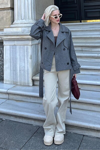 Madmext Mg2174 Model Anthracite Double Breasted Collar Short Belted Jacket