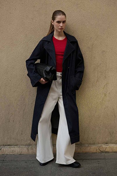 Hooopstore Andrea Gold Düğmeli Lacivert Denim Trençkot