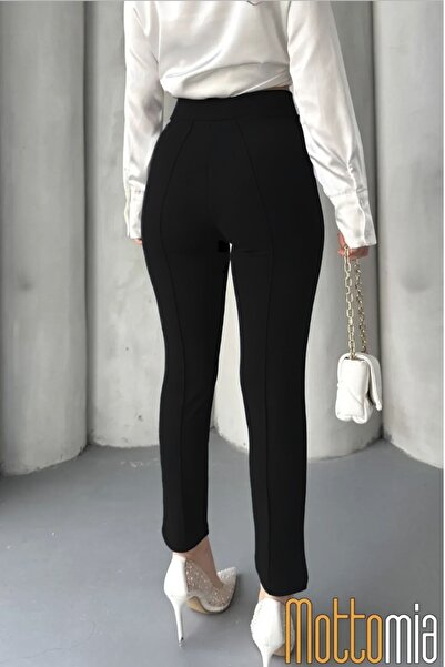 mottomia Siyah Kadın 4 Mevsim Krep Kumaş En-Boy Likralı Dar Paça Çimalı Mango Pantalon – Ofis ve Günlük