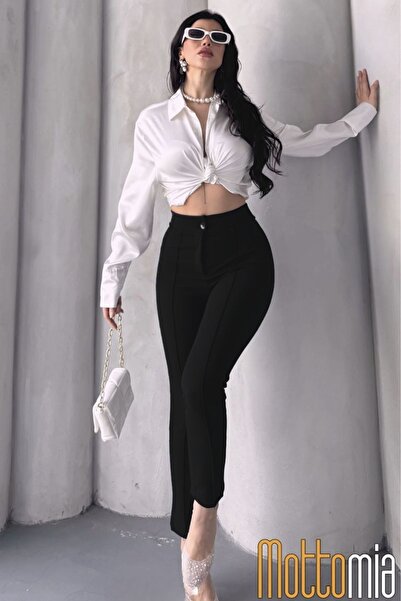 mottomia Siyah Kadın 4 Mevsim Krep Kumaş En-Boy Likralı Dar Paça Çimalı Mango Pantalon – Ofis ve Günlük