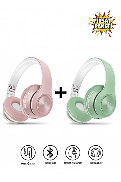 Tech&bello accessories Kablosuz Kulaküstü Pembe+Yeşil Bluetooth Kulaklık Ster...