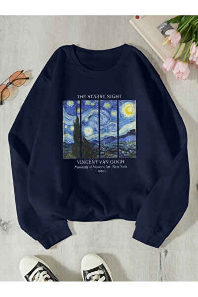 Trend Sizde Unisex Navy Blue Starry Night Vincent Van Gogh Printed Crew Neck Sweatshirt
