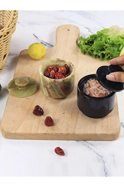 Radicaln مجموعة من علبتي ملح منقوشتين بالرخام من حجر العقيق الأسود والأخضر - ...