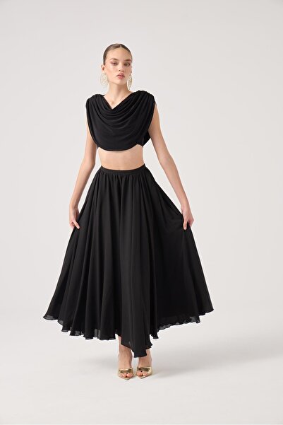 HOLLY LOLLY Chiffon Skirted Cape Blouse Bustier 3-Piece Alanna Set Black