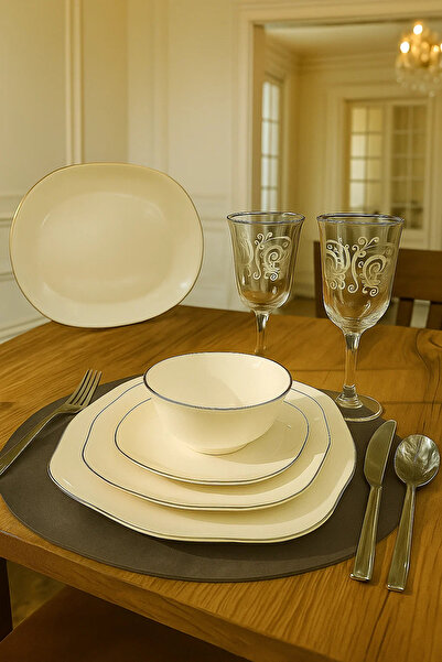 Kütahya Porselen Bone Vılya 51 Parça Platin Fileli Yemek Takımı BNVIL51YT220