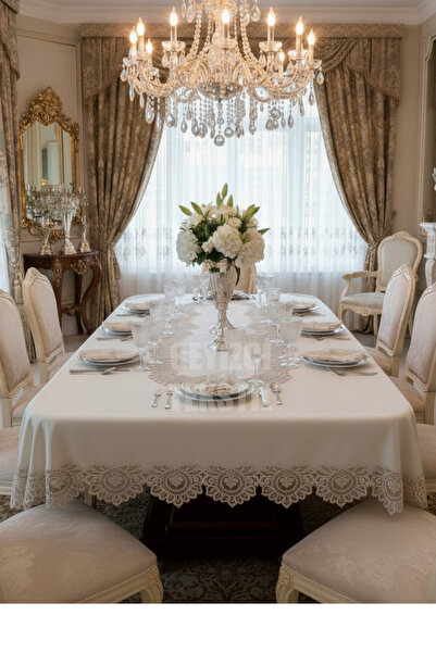Çt Çeyizci Tekstil Luxury 12-Person Tablecloth Set - 26 Pieces Cream