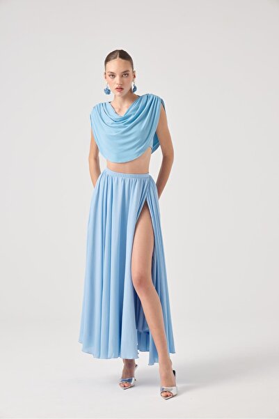 HOLLY LOLLY Chiffon Skirted Cape Blouse Bustier 3-Piece Alanna Set Blue