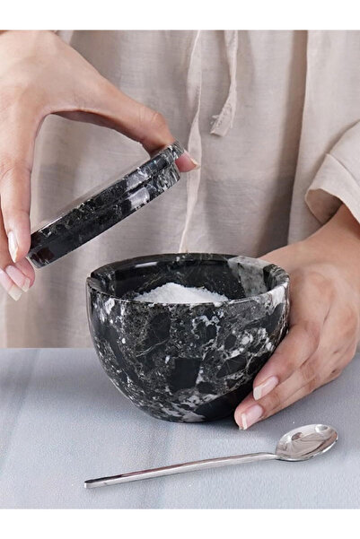 Radicaln وعاء ملح رخامي أسود مع غطاء وملعقة - حامل توابل للمطبخ