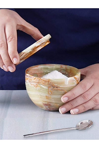 Radicaln وعاء ملح رخامي من العقيق الأخضر مع غطاء وملعقة - حامل بهارات للمطبخ